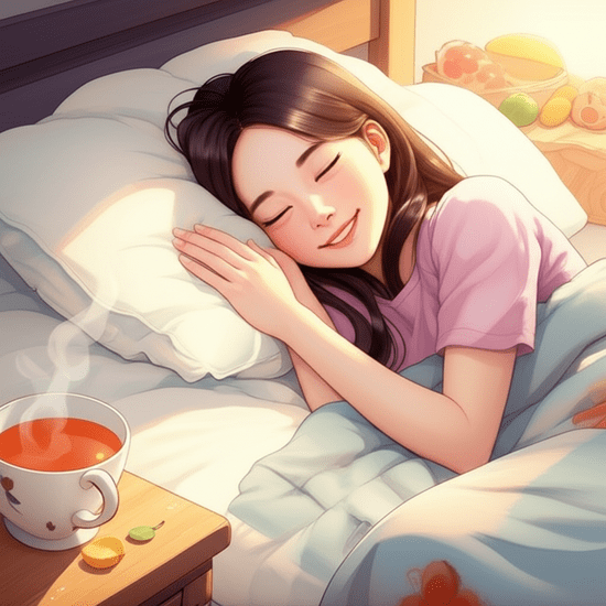 Emotional watercolor illustration in the style of Studio Ghibli. Soft pastel color palette and warm lighting. A close-up of a realistic and softly rendered Korean young woman, with a serene smile, peacefully sleeping under a cozy blanket, surrounded by soft light. Nearby on a bedside table, there's a warm mug of tea and some fresh fruit. The background is softly blurred to emphasize her restful state. text-free, no numbers, no letters, no logos, no symbols, no text-like elements. 전혀 텍스트처럼 보이는 것도 금지야.