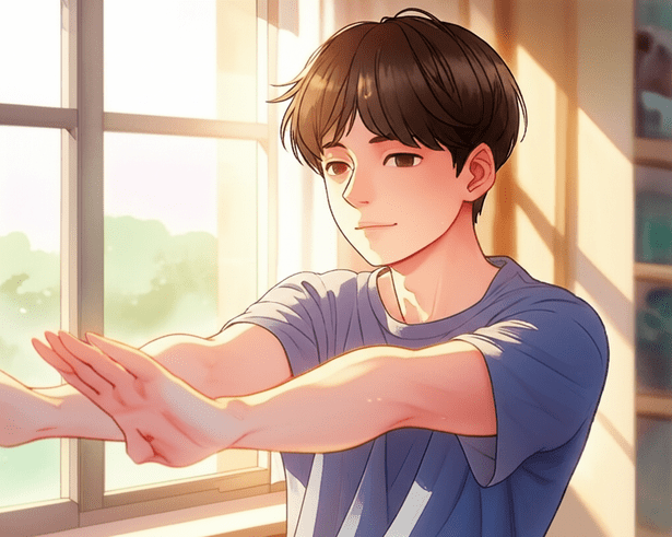 Emotional watercolor illustration in the style of Studio Ghibli. Soft pastel color palette and warm lighting. A close-up of a realistic and softly rendered Korean young man, with a determined yet gentle expression, doing light stretching exercises near a sunny window in his cozy apartment. The background is softly blurred to show a warm, inviting indoor setting. text-free, no numbers, no letters, no logos, no symbols, no text-like elements. 전혀 텍스트처럼 보이는 것도 금지야.