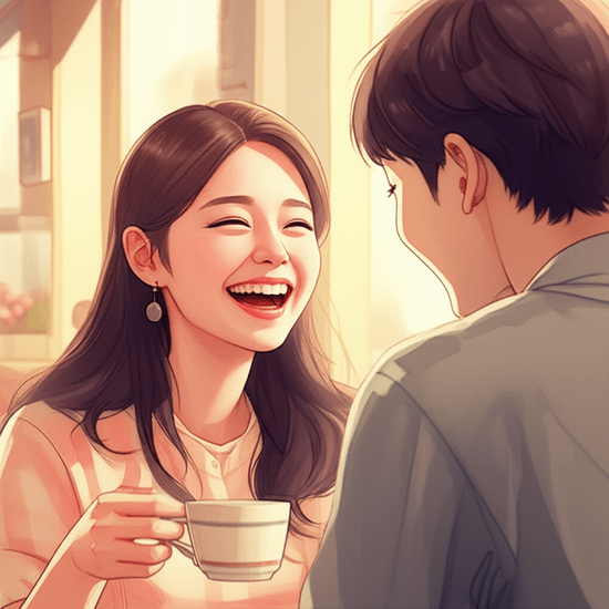 Emotional watercolor illustration in the style of Studio Ghibli. Soft pastel color palette and warm lighting. A close-up of a realistic and softly rendered Korean young woman and a young man, sharing a laugh over a cup of tea in a warmly lit cafe. Their expressions are joyful and relaxed, highlighting positive social interaction. The background is softly blurred to show a cozy cafe interior. text-free, no numbers, no letters, no logos, no symbols, no text-like elements. 전혀 텍스트처럼 보이는 것도 금지야.