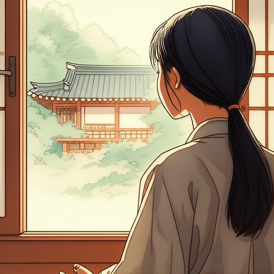 스튜디오 지브리 스타일의 감성적인 수채화 일러스트레이션. 부드러운 파스텔 톤과 따뜻한 조명을 사용하여 평화롭고 아련한 분위기를 연출한다. 아늑하고 현대적인 한옥이나 눈 덮인 숲이 보이는 큰 창문이 있는 한적한 오두막에서 조용히 명상하거나 요가를 하고 있는 한국인(클로즈업 또는 상반신 샷)의 모습. 부드러운 빛과 평화로움, 휴식에 초점을 맞춘다. 배경은 부드럽게 번지거나 흐릿하게 처리하여 인물에 집중시킨다. 이미지 안에 텍스트, 숫자, 글자, 로고, 기호는 절대 포함하지 않는다 (text-free, no numbers, no letters, no logos, no symbols).