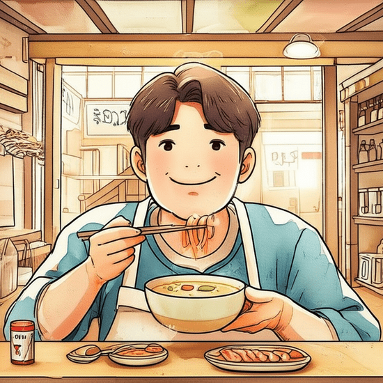 스튜디오 지브리 스타일의 감성적인 수채화 일러스트레이션. 부드러운 파스텔 톤과 따뜻한 조명을 사용하여 평화롭고 아련한 분위기를 연출한다. 북적이는 전통 시장의 노점이나 작고 정통적인 식당에서 현지 별미를 즐기고 있는 한국인(클로즈업 또는 상반신 샷)의 모습. 아마도 따뜻한 국물이나 길거리 음식을 들고 진심으로 미소 짓고 있다. 감각적인 경험과 지역적 매력에 초점을 맞춘다. 배경은 부드럽게 번지거나 흐릿하게 처리하여 인물에 집중시킨다. 이미지 안에 텍스트, 숫자, 글자, 로고, 기호는 절대 포함하지 않는다 (text-free, no numbers, no letters, no logos, no symbols).