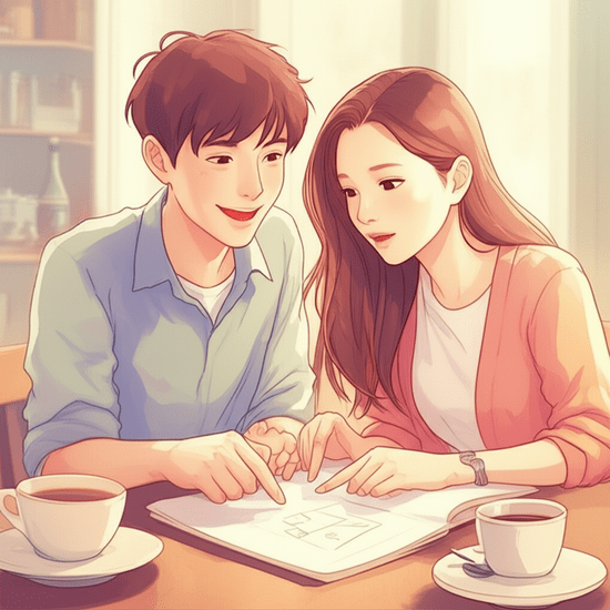 Two young Korean friends, perhaps at a cafe, discussing something animatedly, one pointing to a chart or a simple drawing on a notebook, explaining a concept to the other. They appear collaborative and supportive. Emotional watercolor illustration in the style of Studio Ghibli. Soft pastel color palette and warm lighting. Softly blurred cafe background. 이미지 안에는 글자, 텍스트, 단어, 문구, 기호, 로고, 손글씨, 낙서, 자막, 상표, 캘리그라피 등 글자와 관련된 어떤 것도 포함하지 마. 전혀 텍스트처럼 보이는 것도 금지야.