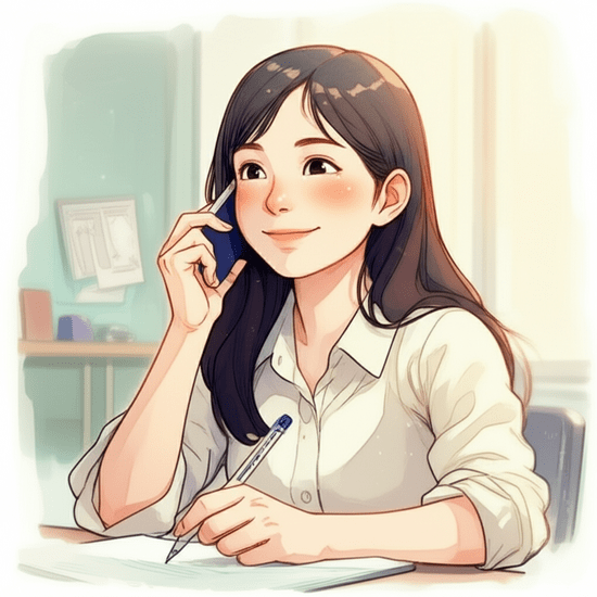 A young Korean person looking confident and relieved, perhaps signing a document or making a call, having successfully navigated a process. They are smiling gently, feeling empowered. Emotional watercolor illustration in the style of Studio Ghibli. Soft pastel color palette and warm lighting. Softly blurred background of an office or home. 이미지 안에는 글자, 텍스트, 단어, 문구, 기호, 로고, 손글씨, 낙서, 자막, 상표, 캘리그라피 등 글자와 관련된 어떤 것도 포함하지 마. 전혀 텍스트처럼 보이는 것도 금지야.
