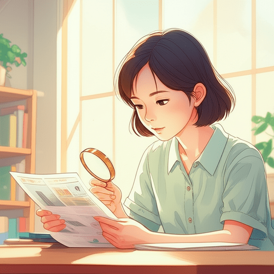A young Korean person carefully reading a document or brochure, perhaps with a magnifying glass, in a brightly lit community center or library. They look engaged and focused, trying to understand important information. Emotional watercolor illustration in the style of Studio Ghibli. Soft pastel color palette and warm lighting. Softly blurred background. 이미지 안에는 글자, 텍스트, 단어, 문구, 기호, 로고, 손글씨, 낙서, 자막, 상표, 캘리그라피 등 글자와 관련된 어떤 것도 포함하지 마. 전혀 텍스트처럼 보이는 것도 금지야.