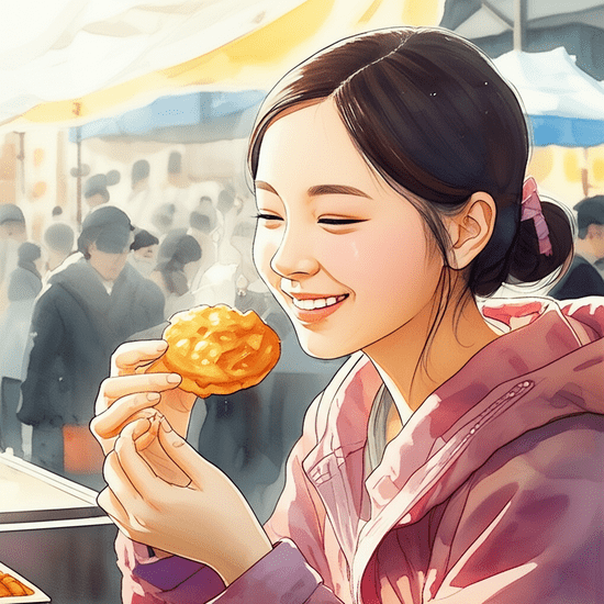 Studio Ghibli style emotional watercolor illustration. Soft pastel color palette and warm lighting. Realistic and softly rendered Korean young woman, happily tasting local street food (e.g., hotteok or fish cakes) at a traditional winter market, steam rising around her. Close-up or upper body shot. The background is softly blurred with bleeding watercolor. No text, no numbers, no letters, no logos, no symbols. 이미지 안에는 글자, 텍스트, 단어, 문구, 기호, 로고, 손글씨, 낙서, 자막, 상표, 캘리그라피 등 글자와 관련된 어떤 것도 포함하지 마. 전혀 텍스트처럼 보이는 것도 금지야.