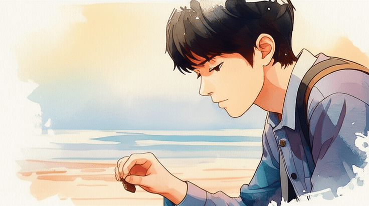Studio Ghibli style emotional watercolor illustration. Soft pastel color palette and warm lighting. Realistic and softly rendered Korean young man, picking up a small piece of litter on a clean winter beach or hiking trail, with a thoughtful expression. Close-up or upper body shot. The background is softly blurred with bleeding watercolor. No text, no numbers, no letters, no logos, no symbols. 이미지 안에는 글자, 텍스트, 단어, 문구, 기호, 로고, 손글씨, 낙서, 자막, 상표, 캘리그라피 등 글자와 관련된 어떤 것도 포함하지 마. 전혀 텍스트처럼 보이는 것도 금지야.