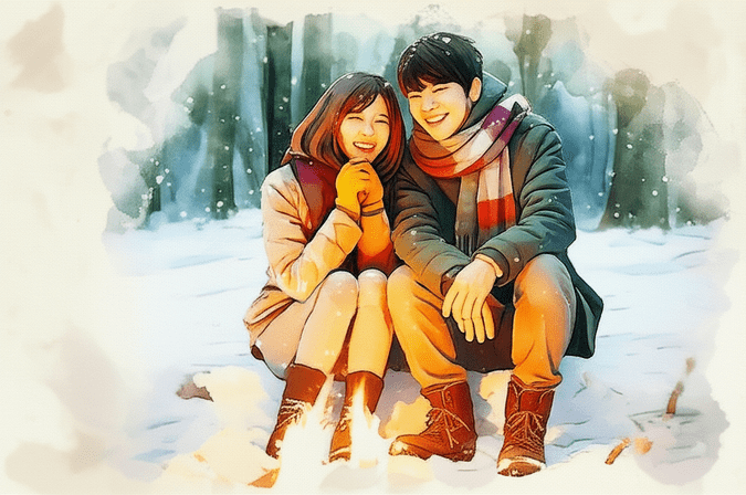 Studio Ghibli style emotional watercolor illustration. Soft pastel color palette and warm lighting. Realistic and softly rendered Korean young couple, bundled in warm clothes, smiling while sitting by a campfire in a snowy forest, enjoying a peaceful moment. Close-up or upper body shot. The background is softly blurred with bleeding watercolor. No text, no numbers, no letters, no logos, no symbols. 이미지 안에는 글자, 텍스트, 단어, 문구, 기호, 로고, 손글씨, 낙서, 자막, 상표, 캘리그라피 등 글자와 관련된 어떤 것도 포함하지 마. 전혀 텍스트처럼 보이는 것도 금지야.
