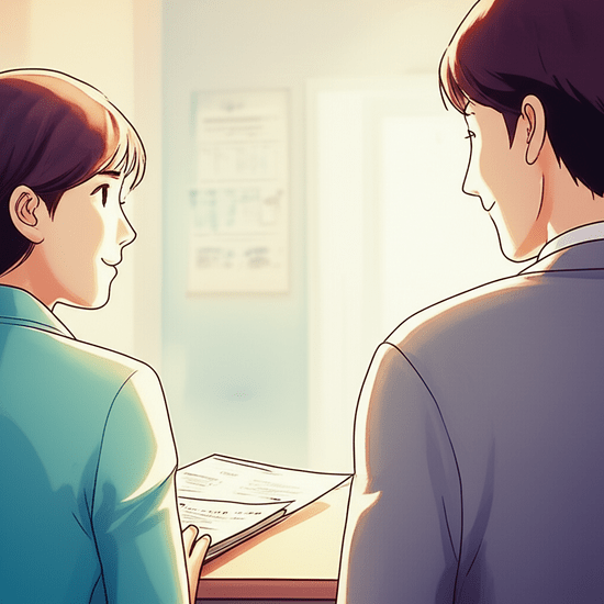 스튜디오 지브리 스타일의 감성적인 수채화 일러스트레이션. 부드러운 파스텔 톤과 따뜻한 조명. 한 한국인 공무원으로 보이는 사람이 민원인에게 친절하게 복지 정책을 설명하고 있는 상반신 샷. 배경은 정부 민원실 같은 공간이 부드럽게 번지듯 처리되어 인물에 집중된다. 이미지 안에 어떠한 글자, 숫자, 로고, 기호도 포함하지 마. 전혀 텍스트처럼 보이는 것도 금지야.