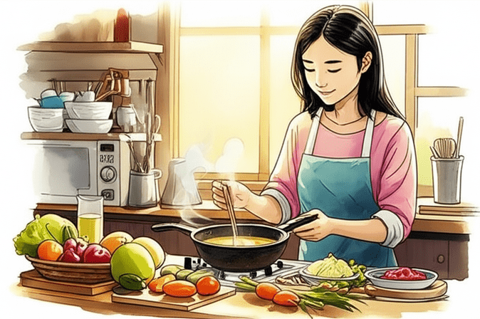 스튜디오 지브리 스타일의 감성적인 수채화 일러스트레이션으로, 부드러운 파스텔 톤과 따뜻한 조명을 사용하여 평화롭고 아련한 분위기를 연출한다. 부엌에서 한 한국인 여성이 따뜻한 김이 오르는 국을 요리하며 갓 씻은 싱싱한 채소들을 보며 미소 짓고 있다. 그녀의 얼굴에는 건강한 활기가 엿보인다. 주변에는 다양한 제철 과일과 채소들이 정갈하게 놓여있다. 배경은 부드럽게 번지거나 흐릿하게 처리하여 인물에 집중시킨다. 이미지 안에는 글자, 숫자, 로고, 기호 등 어떤 텍스트도 포함하지 않는다.