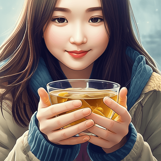 스튜디오 지브리 스타일의 감성적인 수채화 일러스트레이션으로, 부드러운 파스텔 톤과 따뜻한 조명을 사용하여 평화롭고 아련한 분위기를 연출한다. 한 한국인 여성이 따뜻한 김이 모락모락 나는 생강차를 두 손으로 감싸 쥐고 몸을 데우는 모습의 상반신 클로즈업. 그녀의 얼굴에는 온화하고 편안한 미소가 어린다. 배경은 부드럽게 번지거나 흐릿하게 처리하여 인물에 집중시킨다. 이미지 안에는 글자, 숫자, 로고, 기호 등 어떤 텍스트도 포함하지 않는다.