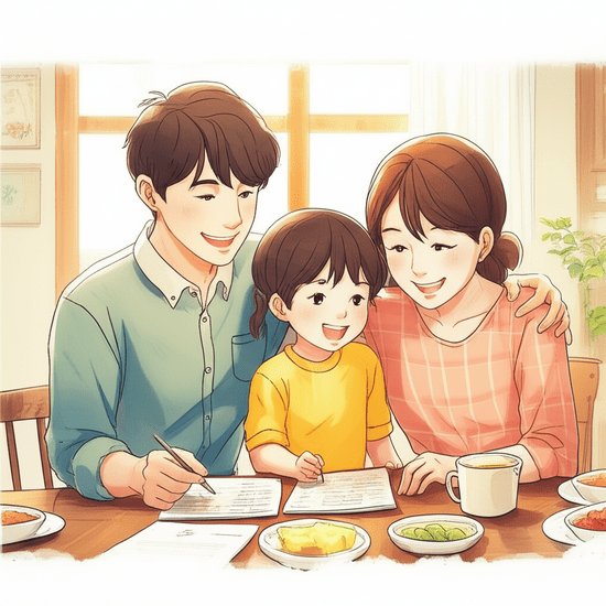 스튜디오 지브리 스타일의 감성적인 수채화 일러스트레이션. 부드러운 파스텔 톤과 따뜻한 조명. 한 한국인 가족(부부와 어린 자녀)이 식탁에 앉아 정부 지원금 사용 계획을 논의하는 모습. 가족 구성원들이 서로에게 기대어 따뜻한 미소를 짓고 있다. 배경은 아늑한 거실 풍경이 부드럽게 번지듯 처리되어 인물에 집중된다. 이미지 안에 어떠한 글자, 숫자, 로고, 기호도 포함하지 마. 전혀 텍스트처럼 보이는 것도 금지야.
