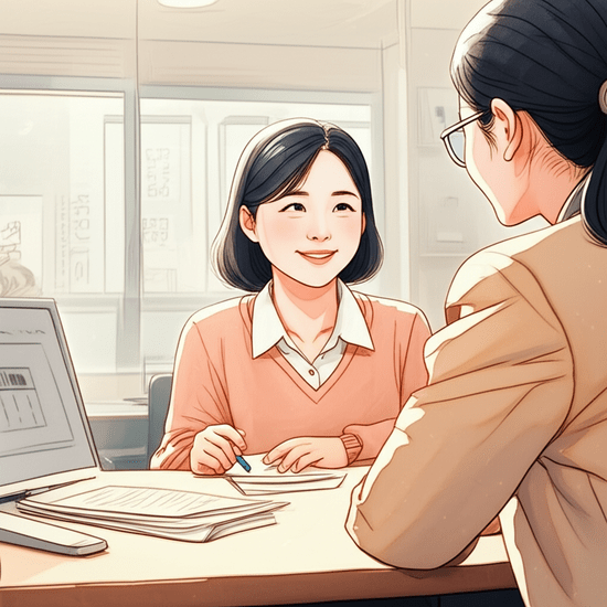 스튜디오 지브리 스타일의 감성적인 수채화 일러스트레이션. 부드러운 파스텔 톤과 따뜻한 조명 아래, 젊은 한국인 여성이 주민센터 복지 상담 창구에서 친절한 공무원과 대화하며 미소 짓고 있다. 따뜻한 상담 분위기와 희망적인 표정이 강조되며, 배경은 부드럽게 처리된 주민센터 내부 모습이다. 이미지 안에 어떠한 글자, 숫자, 로고, 기호도 포함하지 마.