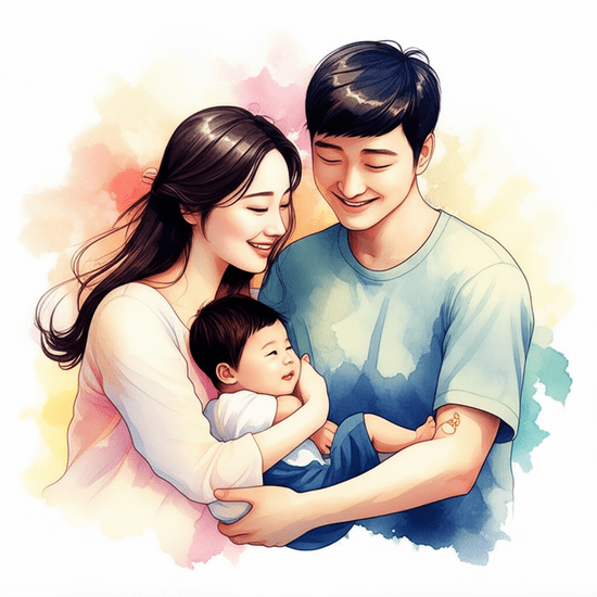 스튜디오 지브리 스타일의 감성적인 수채화 일러스트레이션. 부드러운 파스텔 톤과 따뜻한 조명 아래, 젊은 한국인 부부가 행복하게 아기를 안고 웃고 있다. 뒤로는 아기를 위한 정부 지원 서류들이 은은하게 빛나고 있으며, 부드럽게 번지는 수채화 배경은 따뜻하고 안정적인 가정을 암시한다. 이미지 안에 어떠한 글자, 숫자, 로고, 기호도 포함하지 마.