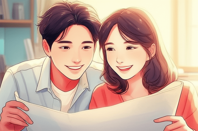 Studio Ghibli style emotional watercolor illustration. A young Korean couple (20s-30s) happily looking at a blueprint or a shared document, perhaps dreaming of a new home or discussing future plans, with soft, optimistic light reflecting on their faces. Soft pastel color palette and warm lighting. The background is softly blurred, possibly hinting at a cozy home interior or a bright future. Text-free, no numbers, no letters, no logos, no symbols. No text or text-like elements at all.