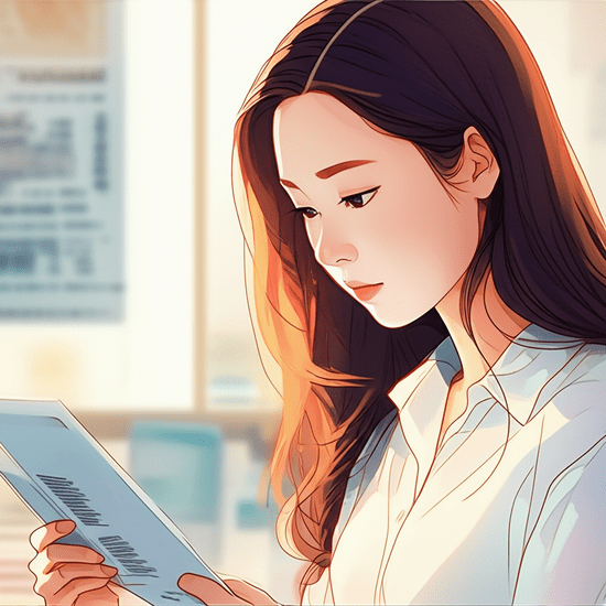 Studio Ghibli style emotional watercolor illustration. A young Korean woman (20s-30s) thoughtfully reading a pamphlet or browsing a tablet with a focused yet calm expression, surrounded by subtle, blurred elements suggesting policy documents or data visualizations. Soft pastel color palette and warm lighting. The background is softly blurred. Text-free, no numbers, no letters, no logos, no symbols. No text or text-like elements at all.