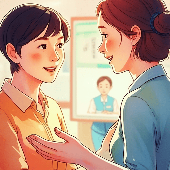 Studio Ghibli style emotional watercolor illustration. A young Korean person (20s-30s) engaged in a friendly conversation with a local community center staff member or a digital avatar on a screen, both showing open, understanding expressions. The scene suggests active information seeking or problem-solving. Soft pastel color palette and warm lighting. The background is softly blurred. Text-free, no numbers, no letters, no logos, no symbols. No text or text-like elements at all.
