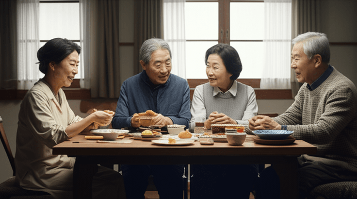스튜디오 지브리 스타일의 감성적인 수채화 일러스트레이션. 부드러운 파스텔 톤과 따뜻한 조명 속에서, 탁자에 앉아 서로 마주 보며 이야기 나누는 70대 한국인 노부부의 모습. 한 분은 다른 분의 손을 따뜻하게 잡고 있다. 배경은 부드럽게 번지는 흐릿한 가정집 식탁 풍경으로, 인물에 집중시킨다. 이미지 안에 어떠한 글자, 숫자, 로고, 기호도 포함하지 마 (text-free, no numbers, no letters, no logos, no symbols).