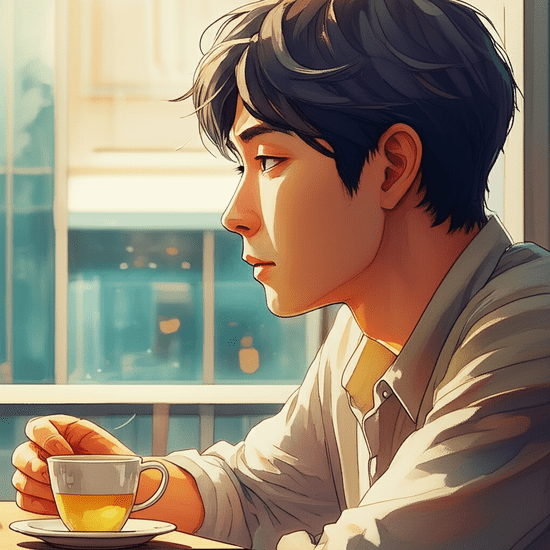 스튜디오 지브리 스타일의 감성적인 수채화 일러스트레이션. 부드러운 파스텔 톤과 따뜻한 조명 속에서, 따뜻한 차 한 잔을 앞에 두고 무언가를 깊이 생각하는 40대 한국인 남성의 옆모습 클로즈업. 그의 표정에서는 진지함과 함께 작은 기대감이 느껴진다. 배경은 부드럽게 번지는 흐릿한 카페 창가 풍경으로, 인물에 집중시킨다. 이미지 안에 어떠한 글자, 숫자, 로고, 기호도 포함하지 마 (text-free, no numbers, no letters, no logos, no symbols).