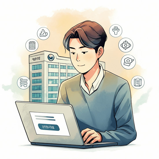 스튜디오 지브리 스타일의 감성적인 수채화 일러스트레이션. 부드러운 파스텔 톤과 따뜻한 조명. 한 젊은 한국인 남성이 노트북을 앞에 두고 진지하지만 긍정적인 표정으로 복지 상담 웹사이트나 채팅창을 통해 질문을 입력하고 있는 모습이다. 그의 뒤편으로는 희미하게 정부기관 건물이 보이거나, 복지 상담을 상징하는 아이콘들이 부드럽게 번지는 수채화 배경으로 표현되어 있다. 이미지 안에 글자, 숫자, 로고, 기호 등 어떤 텍스트도 포함하지 않는다.