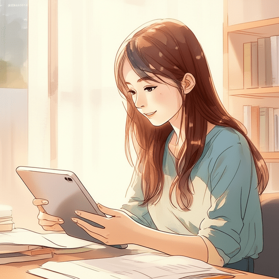 스튜디오 지브리 스타일의 감성적인 수채화 일러스트레이션. 부드러운 파스텔 톤과 따뜻한 조명. 한 젊은 한국인 여성이 따뜻한 햇살이 비치는 도서관이나 카페에서 태블릿 PC를 들고 '복지로' 웹사이트를 유심히 들여다보고 있다. 그녀의 표정은 호기심과 발견의 기쁨으로 가득하며, 주변에는 책이나 서류들이 부드럽게 흐릿한 수채화 배경으로 표현되어 있다. 이미지 안에 글자, 숫자, 로고, 기호 등 어떤 텍스트도 포함하지 않는다.