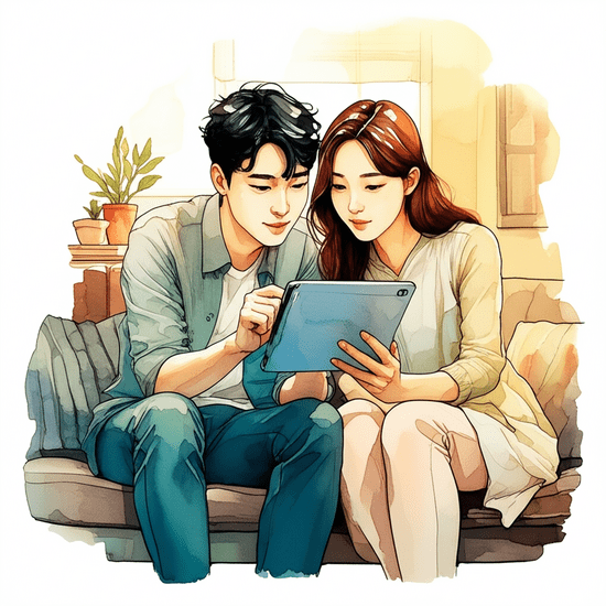 스튜디오 지브리 스타일의 감성적인 수채화 일러스트레이션. 부드러운 파스텔 톤과 따뜻한 조명. 두 명의 젊은 한국인 남녀가 아늑한 집 거실 소파에 앉아 태블릿으로 복지 정책 관련 정보를 함께 찾아보고 있다. 한 명은 설명을 하고 다른 한 명은 고개를 끄덕이며 경청하는 모습이다. 뒤쪽에는 작은 식물과 따뜻한 조명이 어우러진 인테리어가 부드럽게 흐릿한 수채화 배경으로 표현되어 있다. 이미지 안에 글자, 숫자, 로고, 기호 등 어떤 텍스트도 포함하지 않는다.