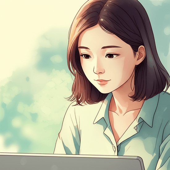 스튜디오 지브리 스타일의 감성적인 수채화 일러스트레이션. 부드러운 파스텔 톤과 따뜻한 조명으로 평화롭고 아련한 분위기 연출. 노트북 앞에 앉아 복지 정책 정보를 꼼꼼히 찾아보는 젊은 한국인 여성의 클로즈업 또는 상반신 샷. 신중하고 진지한 표정. 배경은 부드럽게 번지거나 흐릿하게 처리하여 인물에 집중. 이미지 안에 어떠한 글자, 숫자, 로고, 기호도 포함하지 마. text-free, no numbers, no letters, no logos, no symbols. 글자, 텍스트, 단어, 문구, 기호, 로고, 손글씨, 낙서, 자막, 상표, 캘리그라피 등 글자와 관련된 어떤 것도 포함하지 마. 전혀 텍스트처럼 보이는 것도 금지야.