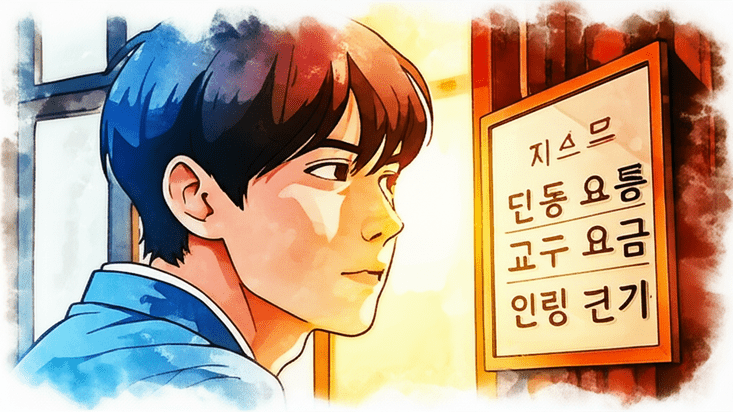 스튜디오 지브리 스타일의 감성적인 수채화 일러스트레이션. 부드러운 파스텔 톤과 따뜻한 조명. 일본의 한 전통 료칸 입구에서 숙박 요금 표지판을 조심스럽게 살피고 있는 한국인 젊은 남성 여행객의 상반신 클로즈업. 그의 표정에는 고민과 함께 현명한 선택을 하려는 의지가 엿보인다. 배경은 부드럽게 번지거나 흐릿하게 처리되어 인물에 집중시킨다. 이미지 안에 글자, 숫자, 로고, 기호 등 어떤 텍스트도 포함하지 않는다.