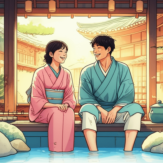 스튜디오 지브리 스타일의 감성적인 수채화 일러스트레이션. 부드러운 파스텔 톤과 따뜻한 조명. 일본의 고즈넉한 온천 마을에서 따뜻한 온천물에 발을 담그고 휴식을 취하며 미소를 짓고 있는 한국인 커플. 그들은 평화롭고 만족스러운 표정으로 서로를 바라보고 있다. 배경은 부드럽게 번지거나 흐릿하게 처리되어 인물에 집중시킨다. 이미지 안에 글자, 숫자, 로고, 기호 등 어떤 텍스트도 포함하지 않는다.