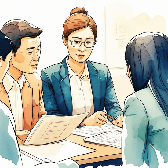 스튜디오 지브리 스타일의 감성적인 수채화 일러스트레이션. 부드러운 파스텔 톤과 따뜻한 조명 아래, 여러 연령대의 한국인들이 함께 모여 정부 복지 정책 설명회에 참여하고 있는 모습. 한 공무원이 따뜻한 미소로 정책 관련 자료를 설명하고 있으며, 참석자들은 경청하고 있다. 클로즈업 또는 상반신 샷. 배경은 부드럽게 번진 수채화 기법으로 처리되어 인물에 집중시킨다. 이미지 안에 어떠한 글자, 숫자, 로고, 기호도 포함하지 않는다.