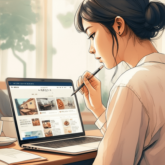 스튜디오 지브리 스타일의 감성적인 수채화 일러스트레이션. 부드러운 파스텔 톤과 따뜻한 조명. 카페에서 노트북을 앞에 두고 일본 숙박 예약 웹사이트를 꼼꼼히 비교하며 살펴보는 한국인 젊은 여성 여행객의 옆모습. 그녀의 손에는 펜이 들려있고, 결정을 내리기 위해 정보를 분석하는 모습이다. 배경은 부드럽게 번지거나 흐릿하게 처리되어 인물에 집중시킨다. 이미지 안에 글자, 숫자, 로고, 기호 등 어떤 텍스트도 포함하지 않는다.