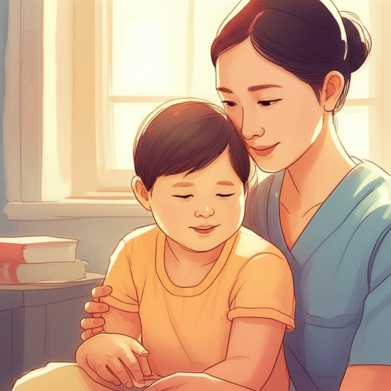 스튜디오 지브리 스타일의 감성적인 수채화 일러스트레이션. 부드러운 파스텔 톤과 따뜻한 조명. 한 명의 한국인 발달장애인 옆에서 돌봄 전문가가 따뜻하게 보살피는 클로즈업 또는 상반신 샷. 편안하고 안정적인 모습이 강조된다. 배경은 부드럽게 번진 실내. 평화롭고 아련한 분위기. 이미지 안에 글자, 숫자, 로고, 기호 등 어떤 텍스트도 포함하지 않는다.