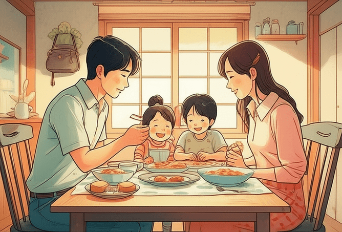 스튜디오 지브리 스타일의 감성적인 수채화 일러스트레이션. 부드러운 파스텔 톤과 따뜻한 조명. 한국인 가족 구성원(부모, 자녀)이 테이블에 앉아 함께 식사하거나 보드게임을 하는 모습. 이전에는 힘들었지만, 이제는 돌봄 지원으로 여유롭고 행복해 보이는 순간을 포착한다. 배경은 부드럽게 번진 집 안. 평화롭고 아련한 분위기. 이미지 안에 글자, 숫자, 로고, 기호 등 어떤 텍스트도 포함하지 않는다.