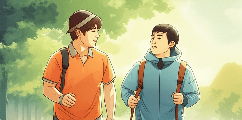 스튜디오 지브리 스타일의 감성적인 수채화 일러스트레이션. 부드러운 파스텔 톤과 따뜻한 조명. 젊은 한국인들이 발달장애인과 함께 봉사활동을 하거나, 공원에서 산책하며 웃고 있는 모습. 서로를 이해하고 소통하는 긍정적인 상호작용이 강조된다. 배경은 부드럽게 번진 공원이나 커뮤니티 공간. 평화롭고 아련한 분위기. 이미지 안에 글자, 숫자, 로고, 기호 등 어떤 텍스트도 포함하지 않는다.