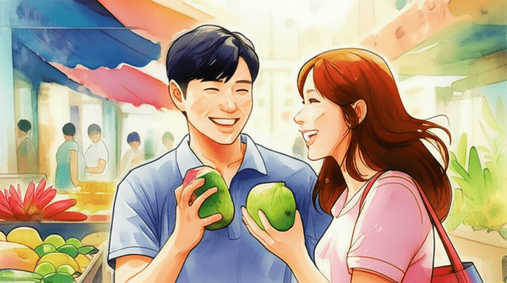 Emotional watercolor illustration in the style of Studio Ghibli. Soft pastel color palette and warm lighting. A realistic and softly rendered Korean couple, possibly in their 30s, joyfully exploring a vibrant Southeast Asian market. One person is smiling while holding a colorful local fruit, and the other is looking at unique handicrafts. The background is a softly blurred or bleeding watercolor depiction of bustling market stalls and exotic plants, focusing on their happy interaction. Text-free, no numbers, no letters, no logos, no symbols.