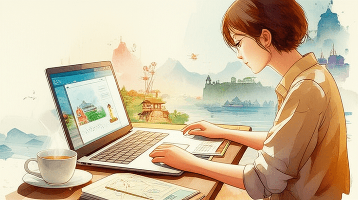 Emotional watercolor illustration in the style of Studio Ghibli. Soft pastel color palette and warm lighting. A realistic and softly rendered Korean person, early 30s, sitting comfortably at a desk with a laptop, engrossed in planning an upcoming trip. A cup of warm tea or coffee is beside them, and a travel guide or map is open. The background is a softly blurred or bleeding watercolor of serene landscapes and cultural symbols from various Asian countries, subtly inspiring their journey. Text-free, no numbers, no letters, no logos, no symbols.