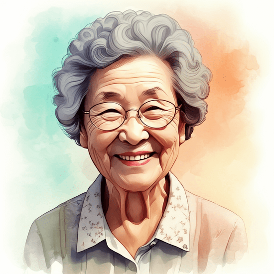 스튜디오 지브리 스타일의 감성적인 수채화 일러스트레이션. 부드러운 파스텔 톤과 따뜻한 조명 아래, 한 한국인 어르신이 복지 지원을 통해 참여하게 된 지역 공동체 프로그램에서 다른 사람들과 함께 밝게 웃으며 활동하는 모습의 클로즈업 또는 상반신 샷. 활기차고 행복한 분위기. 배경은 부드럽게 번진 수채화 기법으로 처리되어 인물에 집중시킨다. 이미지 안에 어떠한 글자, 숫자, 로고, 기호도 포함하지 않는다.