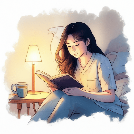 Emotional watercolor illustration in the style of Studio Ghibli. Soft pastel color palette and warm lighting. A realistic and softly rendered Korean young adult (20s-30s) in a cozy bedroom, softly reading a book under a warm bedside lamp, with a mug of herbal tea nearby. The atmosphere is calm and peaceful, suggesting winding down for the night. The background is softly blurred or bleeding watercolor. text-free, no numbers, no letters, no logos, no symbols.
