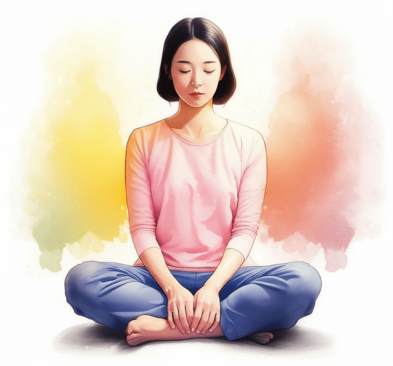 Emotional watercolor illustration in the style of Studio Ghibli. Soft pastel color palette and warm lighting. A realistic and softly rendered Korean young adult (20s-30s) performing a gentle evening stretch or meditation pose in a softly lit room, looking peaceful and focused on their well-being. The background is softly blurred or bleeding watercolor. text-free, no numbers, no letters, no logos, no symbols.