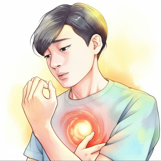 Emotional watercolor illustration in the style of Studio Ghibli. Soft pastel color palette and warm lighting. A realistic and softly rendered Korean young adult (20s-30s) gently holding their chest or wrist, with a thoughtful and slightly concerned expression. Subtle, abstract swirling patterns around the heart area could hint at stress or an overworked feeling, rendered softly. The background is softly blurred or bleeding watercolor. text-free, no numbers, no letters, no logos, no symbols.