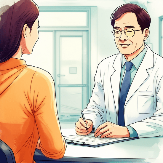 스튜디오 지브리 스타일의 감성적인 수채화 일러스트레이션. 부드러운 파스텔 톤과 따뜻한 조명 아래, 친절한 의사와 마주 앉아 진지하게 설명을 듣고 있는 젊은 한국 여성. 테이블 위에는 간단한 건강 검진 서류가 놓여있지만, 글자는 알아볼 수 없게 흐릿하게 처리됨. 배경은 부드럽게 번지거나 흐릿하게 처리된 병원 진료실. 이미지 안에 어떠한 글자, 숫자, 로고, 기호도 포함하지 마.