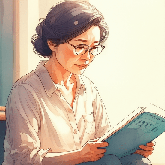 스튜디오 지브리 스타일의 감성적인 수채화 일러스트레이션. 부드러운 파스텔 톤과 따뜻한 조명 아래, 중년의 한국인 여성이 따뜻한 햇살이 드는 창가에 앉아 정부 복지 안내 책자를 진지하게 읽거나 노트북으로 관련 정보를 검색하는 클로즈업 또는 상반신 샷. 차분하고 사려 깊은 표정. 배경은 부드럽게 번진 수채화 기법으로 처리되어 인물에 집중시킨다. 이미지 안에 어떠한 글자, 숫자, 로고, 기호도 포함하지 않는다.