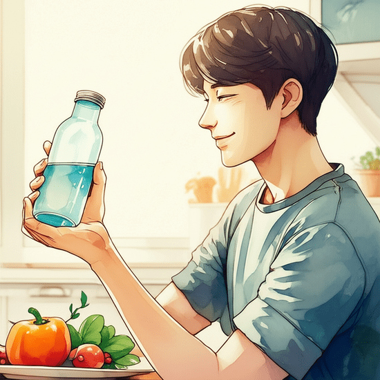 스튜디오 지브리 스타일의 감성적인 수채화 일러스트레이션. 부드러운 파스텔 톤과 따뜻한 조명 아래, 물병을 들고 환하게 웃으며 건강한 식단을 준비하는 젊은 한국 남성. 배경은 부드럽게 번지거나 흐릿하게 처리된 깨끗한 주방. 이미지 안에 어떠한 글자, 숫자, 로고, 기호도 포함하지 마.