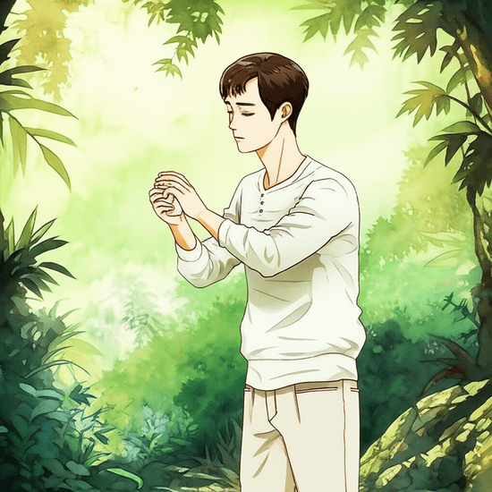 A Korean person, wearing light long-sleeved clothing and pants, applying mosquito repellent to their skin while hiking in a lush green forest. The person has a focused but calm expression. Emotional watercolor illustration in the style of Studio Ghibli. Soft pastel color palette and warm lighting. Realistic and softly rendered Korean people. Softly blurred or bleeding watercolor background. Text-free, no numbers, no letters, no logos, no symbols.