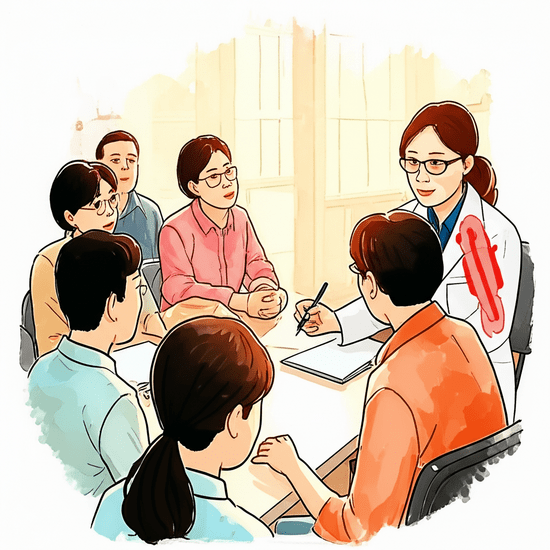 A Korean local community gathering, perhaps at a neighborhood center, where residents are learning about mosquito prevention from a public health official. They are calmly listening and taking notes, with a sense of collective responsibility. Emotional watercolor illustration in the style of Studio Ghibli. Soft pastel color palette and warm lighting. Realistic and softly rendered Korean people. Softly blurred or bleeding watercolor background. Text-free, no numbers, no letters, no logos, no symbols.
