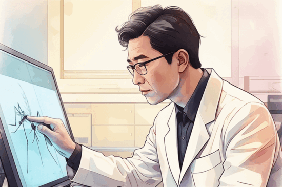 A Korean scientist or doctor in a lab coat, gently examining a microscopic image of a mosquito or virus on a screen, with a thoughtful and dedicated expression. The background is a softly lit, modern laboratory. Emotional watercolor illustration in the style of Studio Ghibli. Soft pastel color palette and warm lighting. Realistic and softly rendered Korean people. Softly blurred or bleeding watercolor background. Text-free, no numbers, no letters, no logos, no symbols.