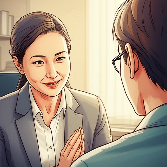 스튜디오 지브리 스타일의 감성적인 수채화 일러스트레이션. 부드러운 파스텔 톤과 따뜻한 조명으로 평화롭고 아련한 분위기를 연출한다. 한국인 상담사가 따뜻한 미소를 지으며 차분하게 설명을 해주고, 그 설명을 듣는 신청자가 고개를 끄덕이는 모습의 클로즈업 또는 상반신 샷. 배경은 부드럽게 번진 상담실 또는 공공기관 사무실 풍경이다. 이미지 안에 어떠한 글자, 숫자, 로고, 기호도 포함하지 마 (text-free, no numbers, no letters, no logos, no symbols).