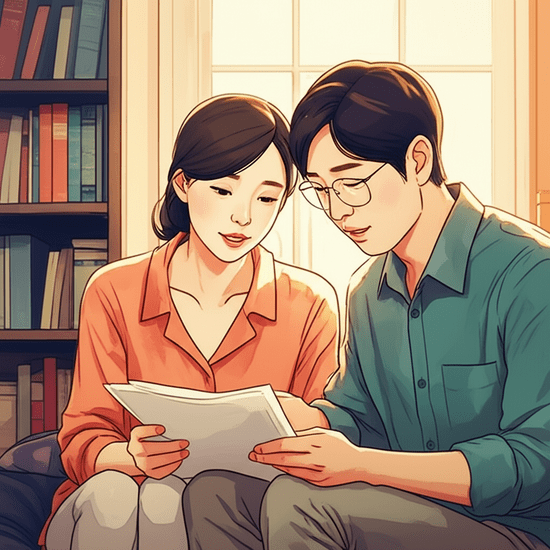 스튜디오 지브리 스타일의 감성적인 수채화 일러스트레이션. 부드러운 파스텔 톤과 따뜻한 조명으로 평화롭고 아련한 분위기를 연출한다. 한국인 부부가 테이블에 앉아 안심주택대출 관련 서류를 꼼꼼히 검토하며 서로에게 설명을 해주는 클로즈업 또는 상반신 샷. 배경은 부드럽게 번진 서재 또는 거실 풍경이다. 이미지 안에 어떠한 글자, 숫자, 로고, 기호도 포함하지 마 (text-free, no numbers, no letters, no logos, no symbols).