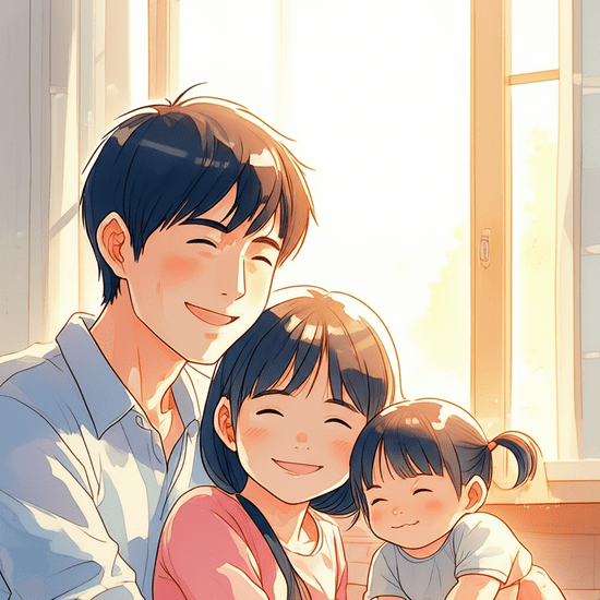 스튜디오 지브리 스타일의 감성적인 수채화 일러스트레이션. 부드러운 파스텔 톤과 따뜻한 조명으로 평화롭고 아련한 분위기를 연출한다. 한국인 가족이 새 집 거실에 모여 앉아 따뜻하게 웃고 있는 모습의 클로즈업 또는 상반신 샷. 밝고 포근한 햇살이 창문으로 들어오는 모습이 부드럽게 번지는 수채화 배경으로 처리되어 있다. 이미지 안에 어떠한 글자, 숫자, 로고, 기호도 포함하지 마 (text-free, no numbers, no letters, no logos, no symbols).