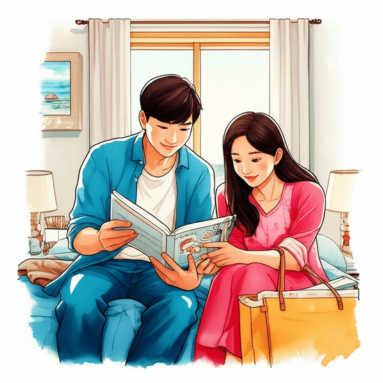 스튜디오 지브리 스타일의 감성적인 수채화 일러스트레이션. 부드러운 파스텔 톤과 따뜻한 조명 아래, 여행 가방을 펼쳐놓고 설레는 표정으로 짐을 꾸리고 있는 한국인 부부의 모습. 한 명은 해변에서 입을 법한 옷을 들고 있고, 다른 한 명은 여행 책자를 보고 있다. 배경은 부드럽게 번지는 아늑한 침실 풍경이다. 이미지 안에 글자, 숫자, 로고, 기호 등 어떠한 텍스트도 포함하지 마. 텍스트처럼 보이는 것도 금지야.