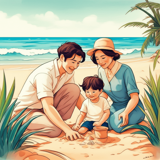 스튜디오 지브리 스타일의 감성적인 수채화 일러스트레이션. 부드러운 파스텔 톤과 따뜻한 조명 아래, 호놀룰루 해변을 배경으로 따뜻한 햇살을 받으며 여유롭게 서 있는 한국인 가족의 모습. 아이는 모래를 만지고 있고, 부모는 흐뭇하게 미소 짓고 있다. 배경은 부드럽게 번지는 푸른 바다와 야자수이다. 이미지 안에 글자, 숫자, 로고, 기호 등 어떠한 텍스트도 포함하지 마. 텍스트처럼 보이는 것도 금지야.